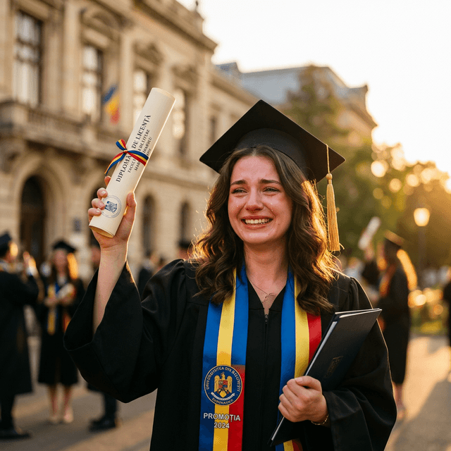 Studenta absolventă fericită cu diploma de licență